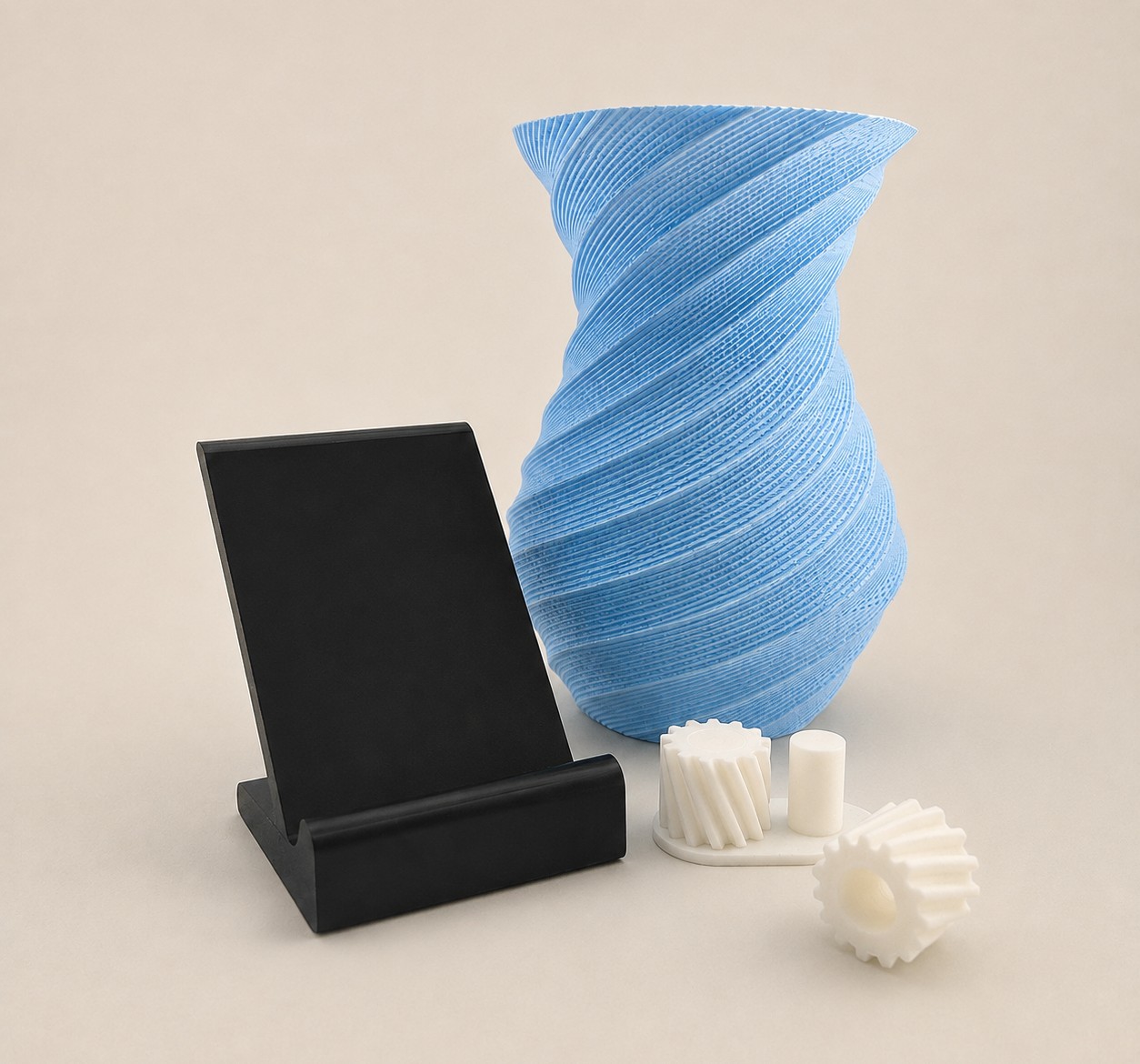 A collection of finished 3D prints — a spiral vase, phone stand and gears