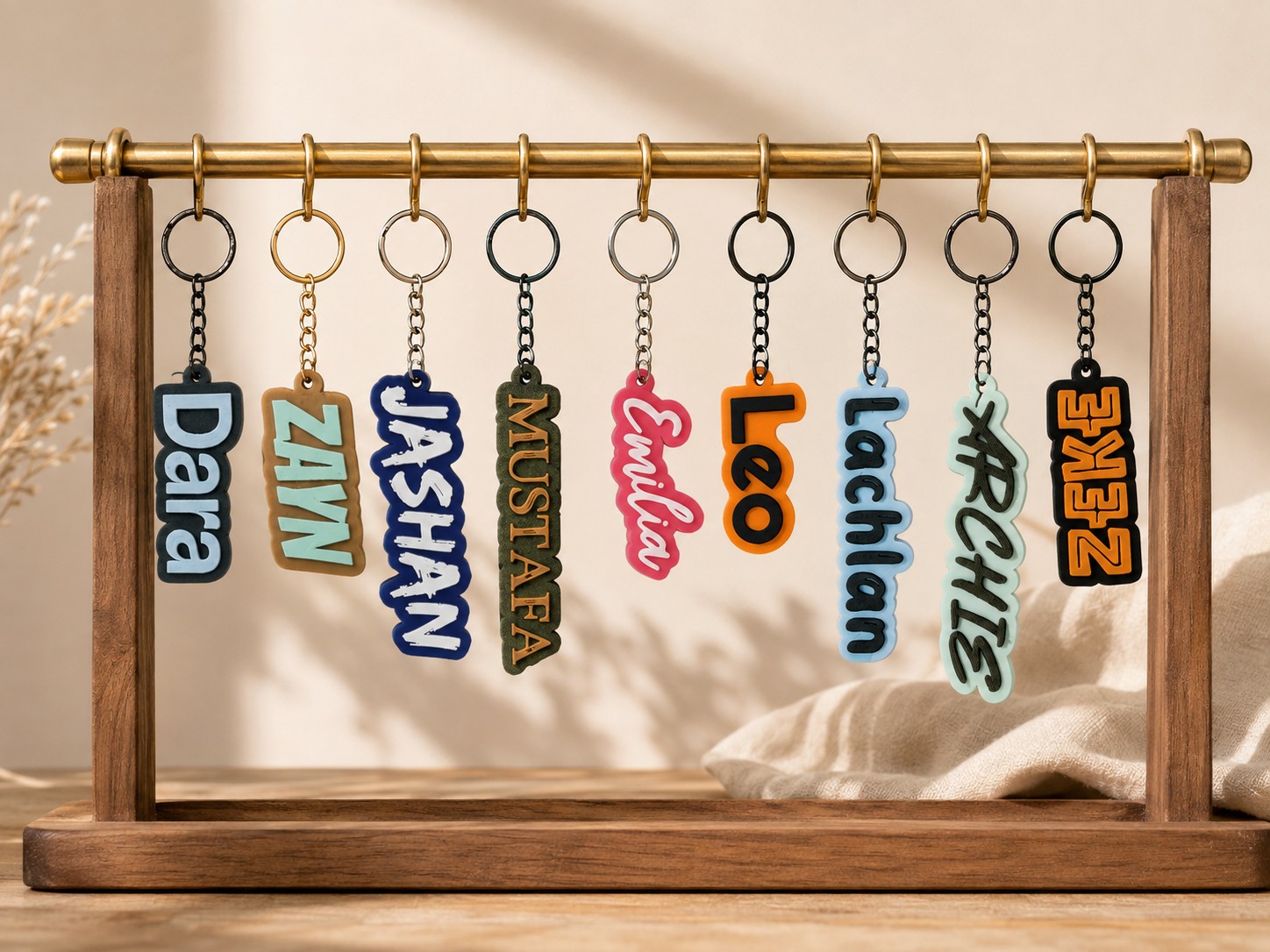 A row of finished 3D printed name keychains hanging from a display rack