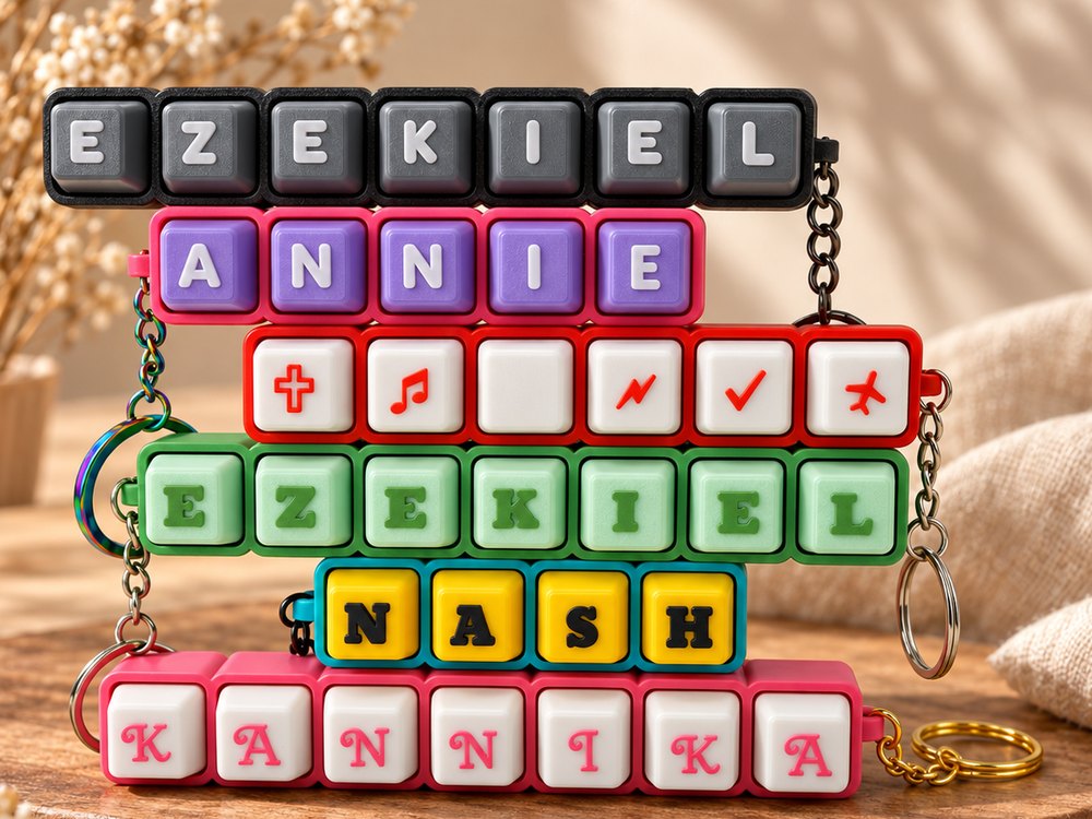 A stack of finished 3D printed Name Clicker keyrings: Ezekiel, Annie, a row of symbols, Nash and Kannika, each with real keycaps in different colours
