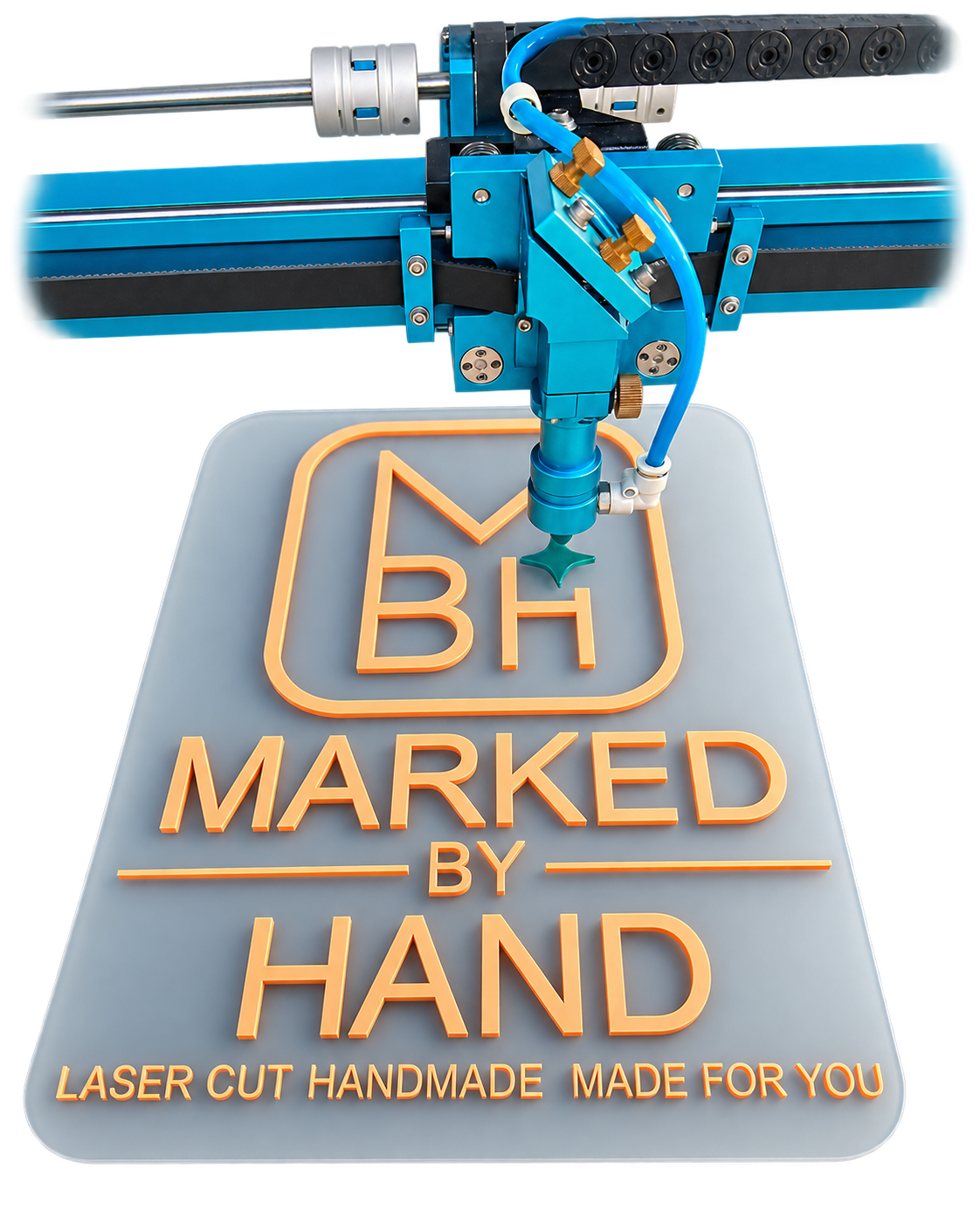 Our own Marked By Hand logo sign mid-cut on the laser