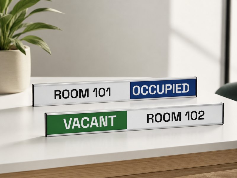 Two finished Vacant/Occupied slider signs on a desk